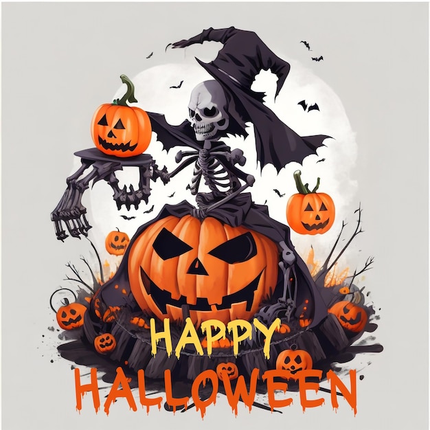 PSD happy halloween scary skeleton boy and halloween concept with dark night white background tshirt