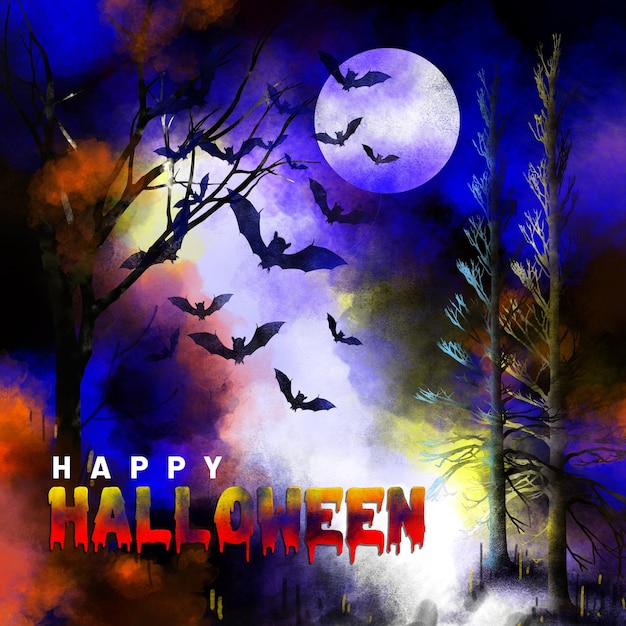ハロウィーンの幸せな恐ろしい木とオレンジ色の水彩の月の光で 幽霊の夜