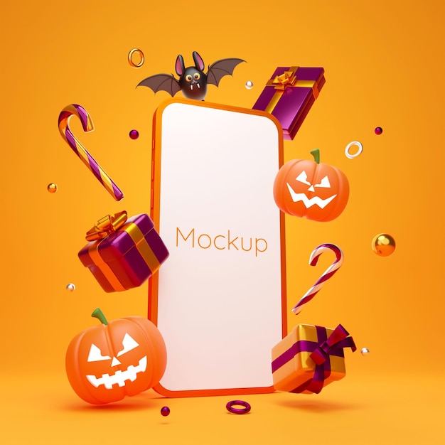 ハロウィーンの装飾品3dイラストとスマートフォンのハッピーハロウィンテーマ