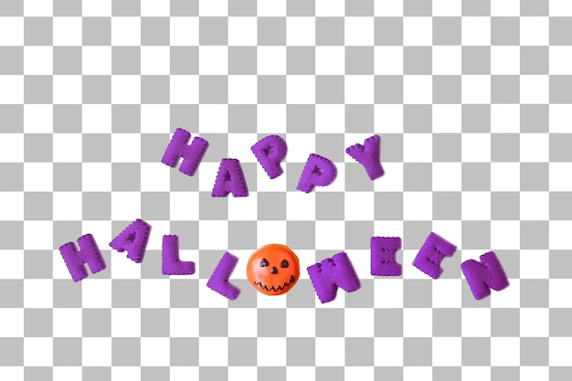 HAPPY HALLOWEEN-typografie gemaakt met alfabetkoekjes en Jack O Lantern-donut op transparant