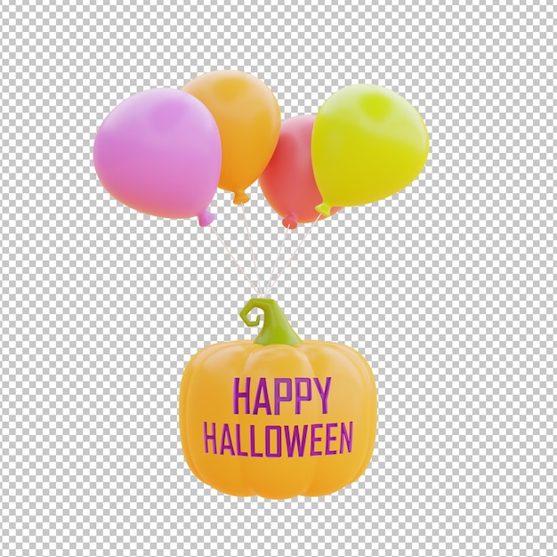 Felice halloween con zucca jackolantern e palloncino colorato galleggiante su sfondo bianco tradizionale vacanza di ottobre rendering 3d