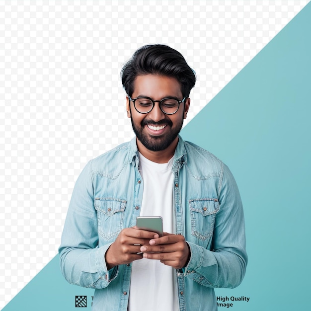PSD happy handsome amazed stylish indian or arabian guy using smartphone chatting online texting message browsing internet social media looks at camera stands on isolated blue isolated background s
