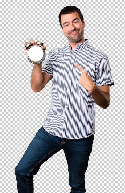 PSD happy handsome man holding vintage clock