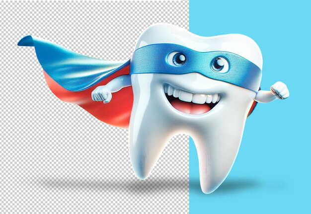 happy healthy superhero tooth in a red cloak and blue mask