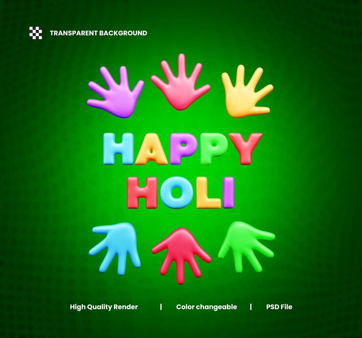 PSD happy holi celebration 3d text and color confetti 3d illustration