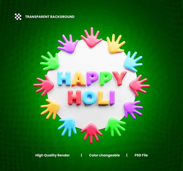 PSD happy holi celebration 3d text and color confetti 3d illustration