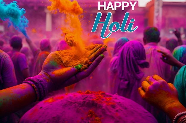 PSD Счастливый праздник холи индийские женщины на празднике холи счастливый праздник типография текст с красочным серым