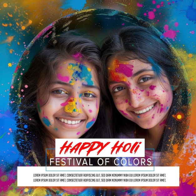 PSD happy holi festival media posts template two girls celebrating with holi colour