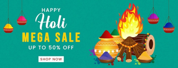 PSD happy holi festival mega sale oferta baner z projektem tła holika dahan