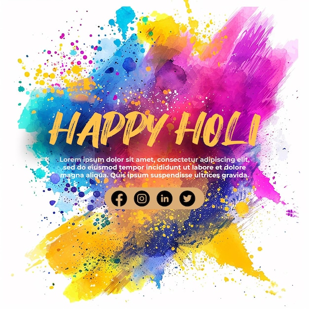 Happy holi festival poster template with holi powder color bowls on multicolor background