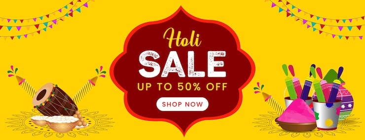 PSD happy holi sale offer banner with yellow celebration background design