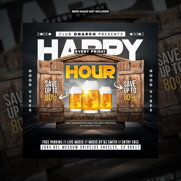 PSD happy hours for restaurant cafe bar social media post or flyer promotion template