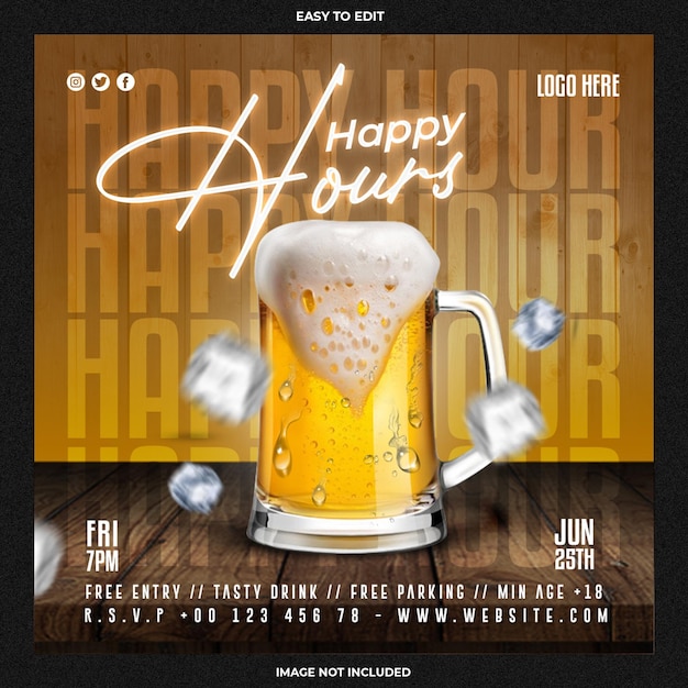 Happy hours for restaurant cafe bar social media post or flyer promotion template