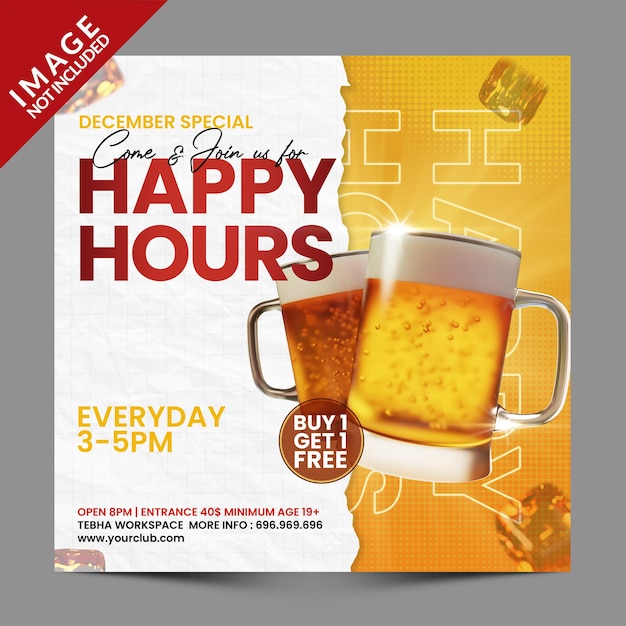 Happy Hours voor Restaurant Café Bar Social Media Post- of Flyer-promotiesjabloon Premium PSD