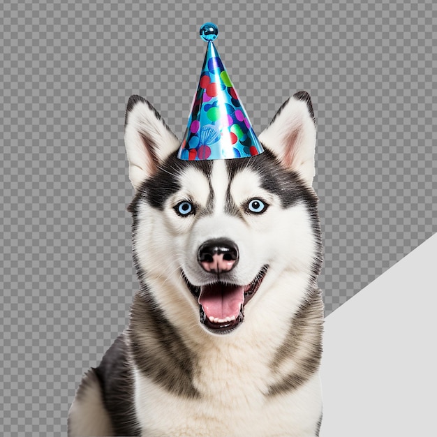 PSD happy husky wearing birthday hat png isolated on transparent background