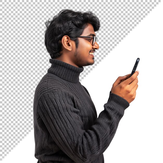 PSD happy indian men smiling while holding a phone side view on isolated background