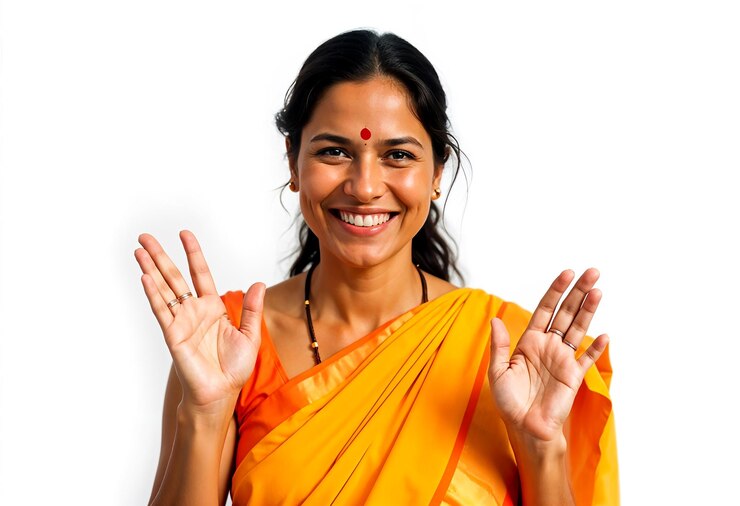 PSD happy indian woman in yellow sari greeting with open hands