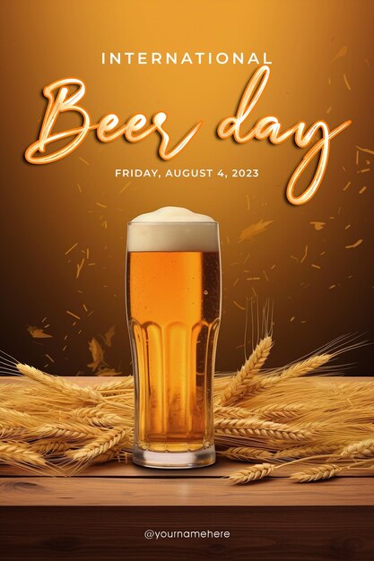 PSD felice poster della giornata internazionale della birra con un bicchiere di birra come sfondo