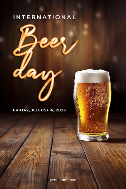 PSD happy international beer day poster with a glass of beer as a background
