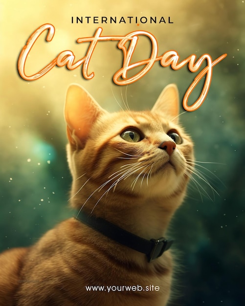 PSD happy international cat day poster with cute cat background