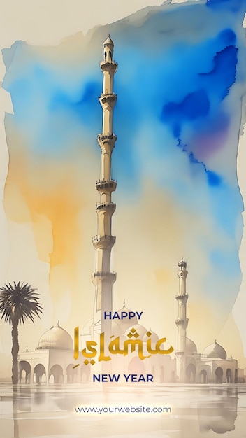 幸せなイスラム新年のお祝い、魅惑的なモスクの魅惑的な水彩イラスト