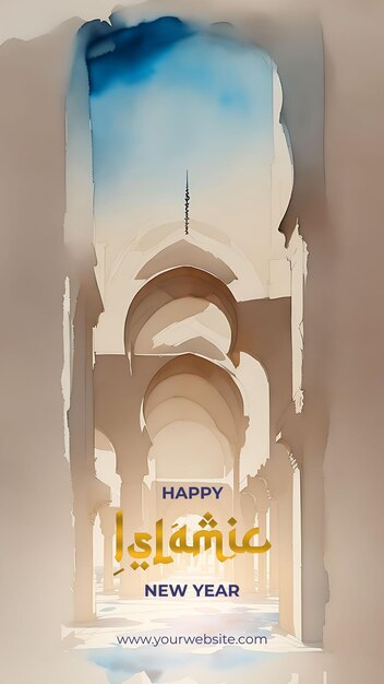 PSD happy islamic new year celebration enchanting watercolor illustration of a mesmerizing mosque