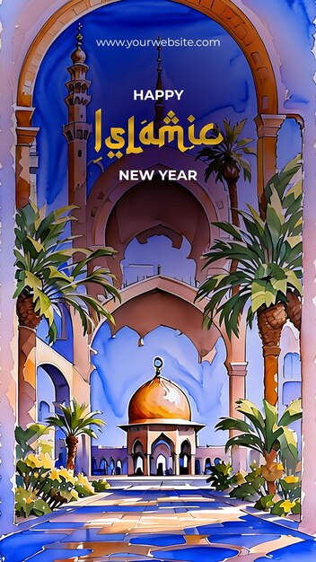 PSD happy islamic new year celebration enchanting watercolor illustration of a mesmerizing mosque