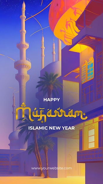 Happy Islamic new year celebration vibrant painting of a mesmerizing mosque illustration