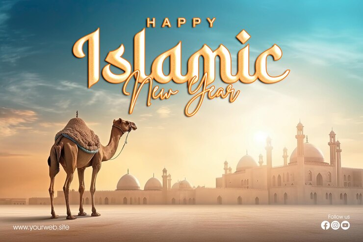 PSD happy islamic new year greeting poster template design with camel background in desert and mosque
