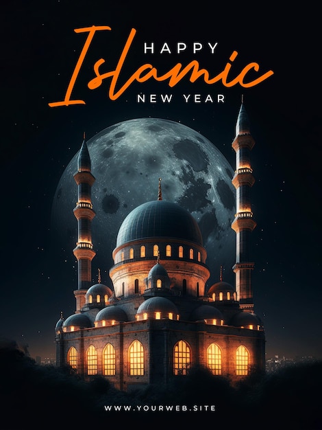 モスクと夜空を持つ幸せなイスラム新年の挨拶ポスター