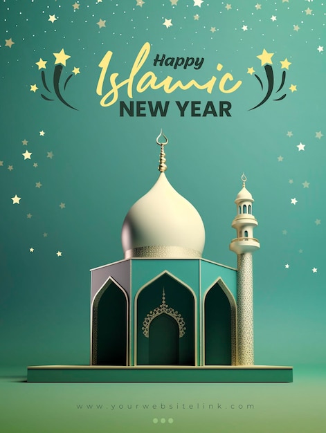 Felice anno nuovo islamico social media post moschea 3d