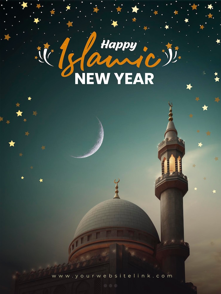 PSD happy islamic new year social media post mosque and moon