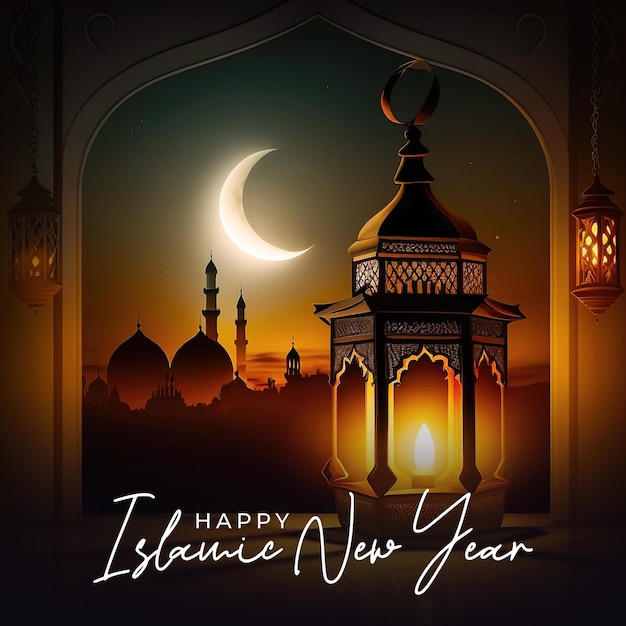 PSD happy islamic new year social media post with arabic lantern background