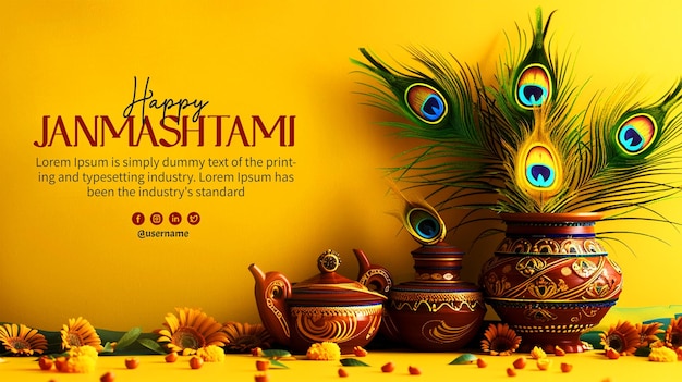 PSD happy janmashtami festival wishes card with lord krishna