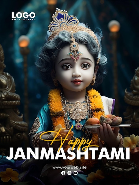 PSD disegno di poster per i social media di happy janmashtami