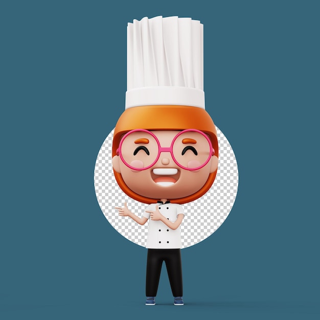 PSD happy kid chef che indossa l'uniforme da chef che punta il dito 3d rendering