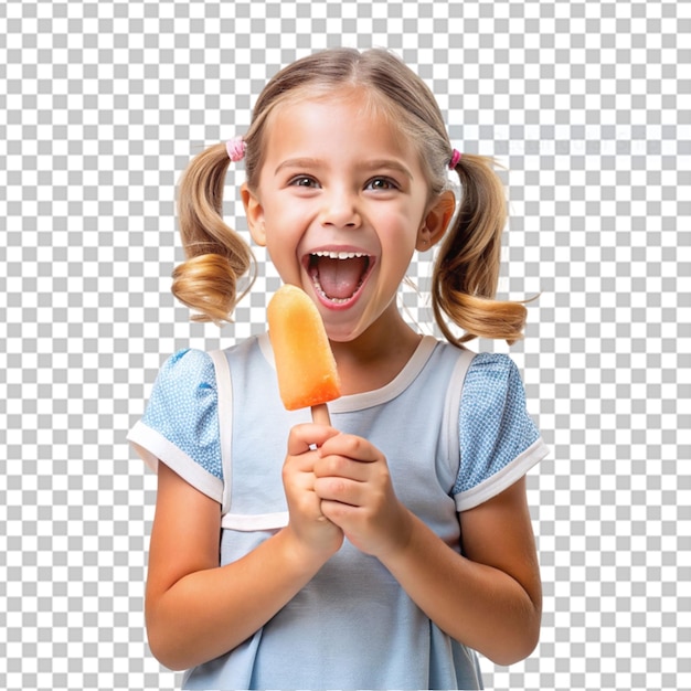 PSD Счастливый ребенок ест мороженое изолированно на прозрачном фоне