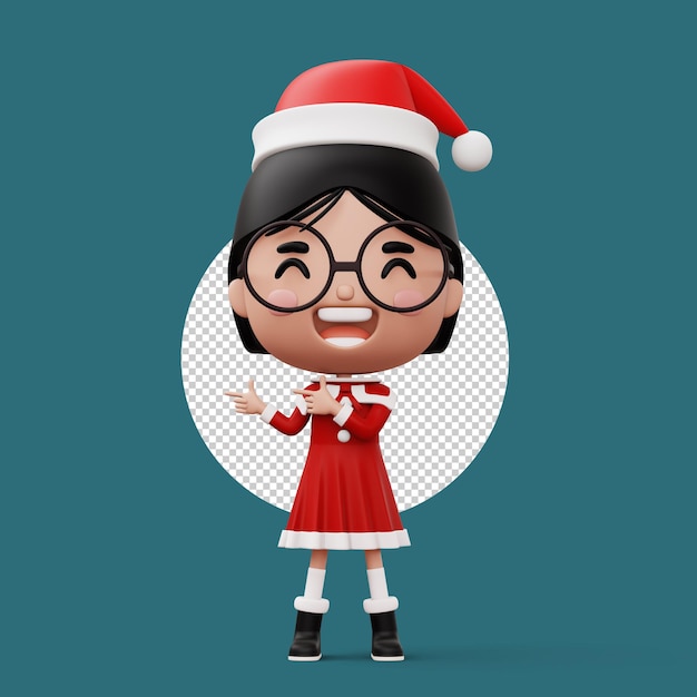 PSD happy kid wearing santa claus costume pointing finger merry christmas 3d rendering