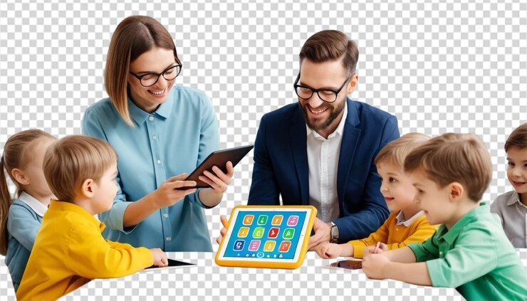 PSD happy kindergerdwn teacherteaching by tab