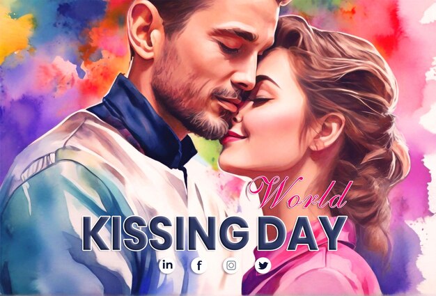 Happy kissing day banner met handtekening illustratie en liefdespaar kussen samen