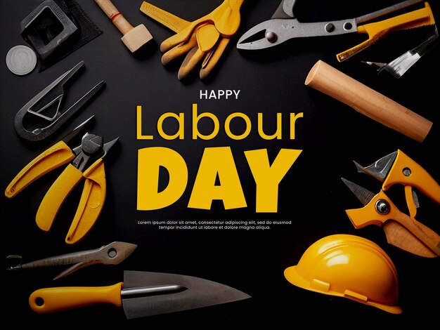 PSD poster del concetto happy labor day con diversi strumenti di costruzione su sfondo nero del tavolo