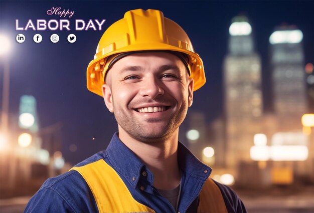 PSD happy labor day hard hat en bouw gebouw poster design