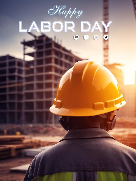 PSD happy labor day hard hat en bouw gebouw poster design