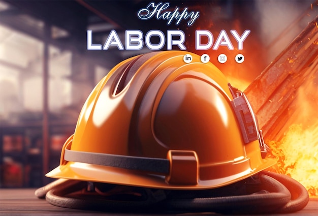 Happy labor day poster and media template design with a building background