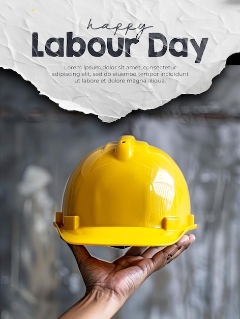 Modello di poster del giorno del lavoro felice con una mano di operaio che tiene un casco di progetto giallo come sfondo