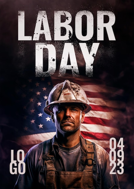 Happy Labor Day poster with worker on american flag background