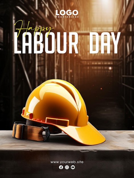 Happy labor day social media post design with labor helmet background