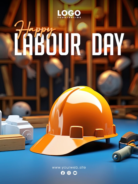 Happy labor day social media post design with labor helmet background