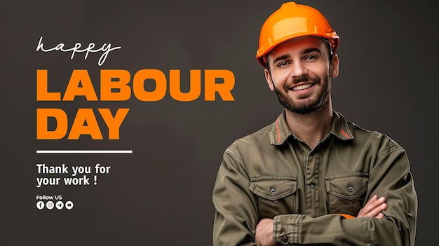 PSD happy labour day banner template with orange helmet and khaki worker uniform smiles