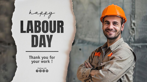PSD happy labour day banner template with orange helmet and khaki worker uniform smiles